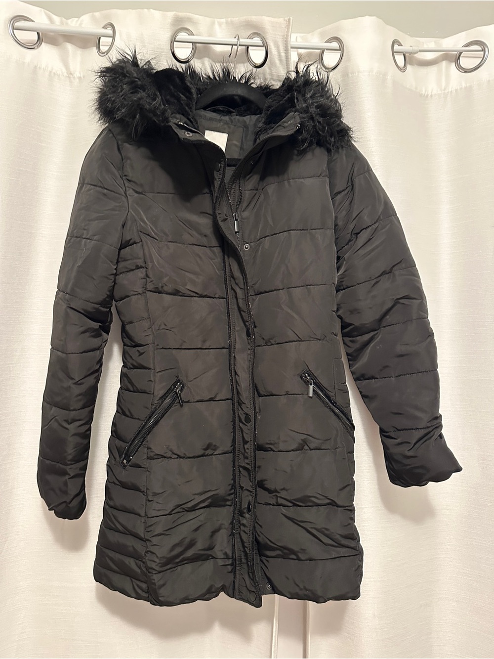 H&M Black Quilted Faux-Fur Hooded Puffer Coat